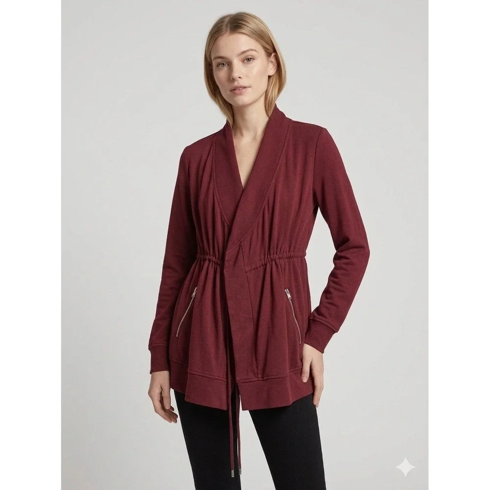 AllSaints Gina Drape Jacket Burgundy Oxblood Drawstring Waist Zip Pockets